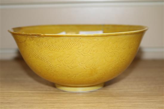 A Chinese yellow ground bowl (a.f.)and two blue and white dishes 19cm. & 16cm.